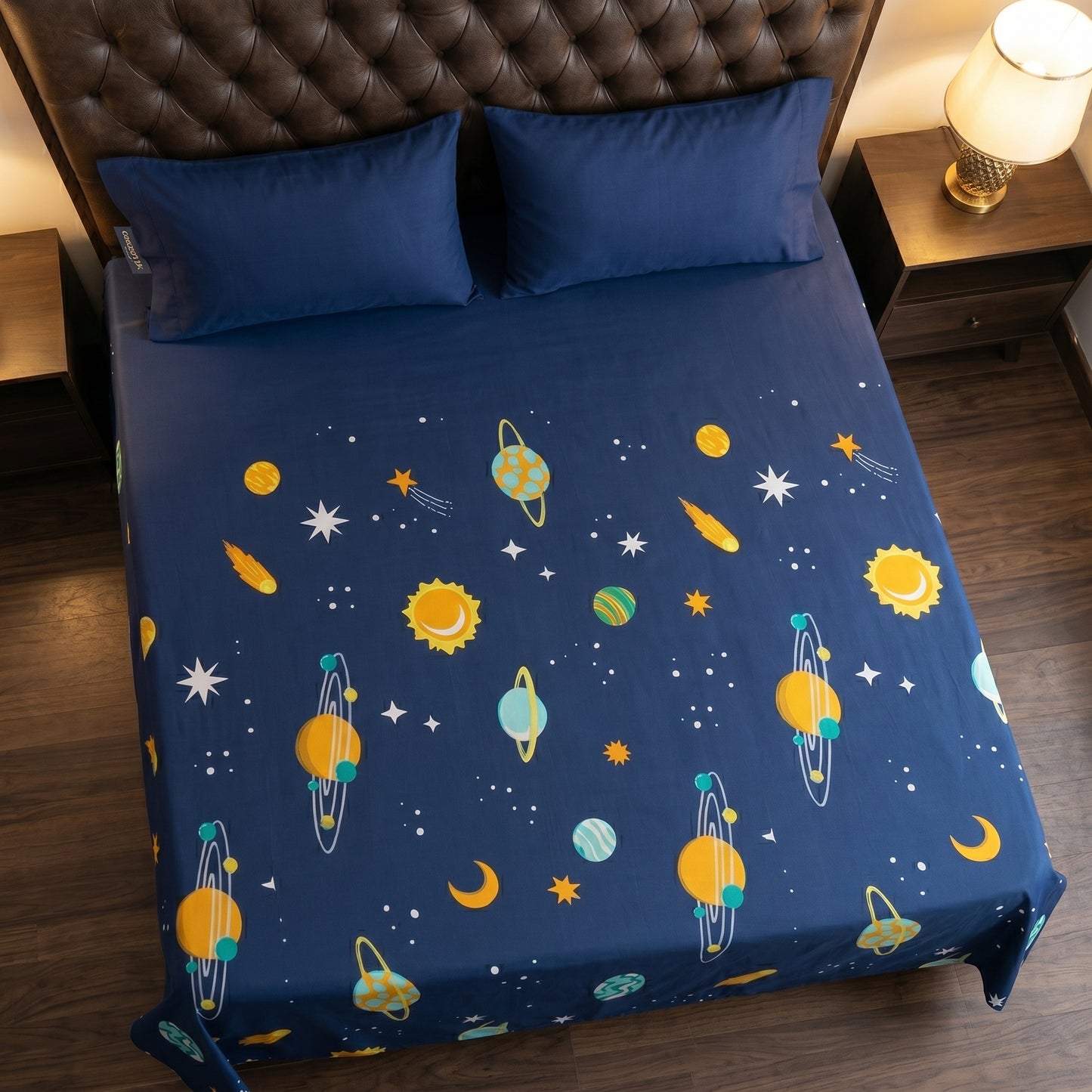 Premium Cosmic Galaxy Cotton Bed Sheet Set - Deep Navy Blue
