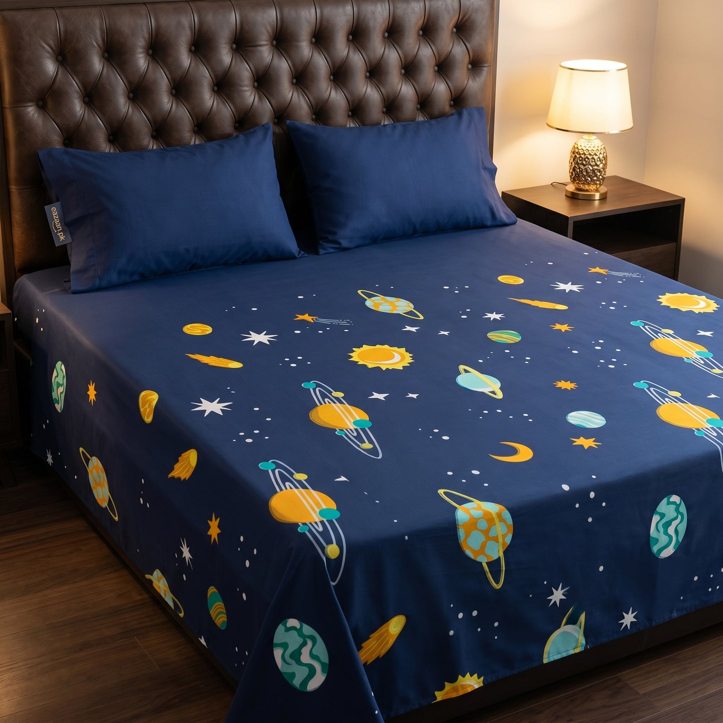 Premium Cosmic Galaxy Cotton Bed Sheet Set - Deep Navy Blue